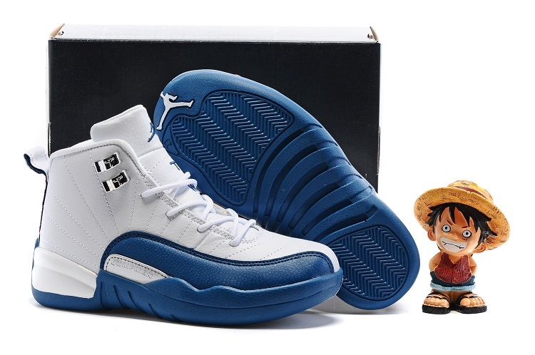 Air Jordan 12 White Frech Blue Shoes For Kids On Sale